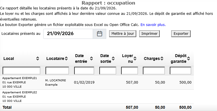Rapport Occupation : le détail de vos locations en cours