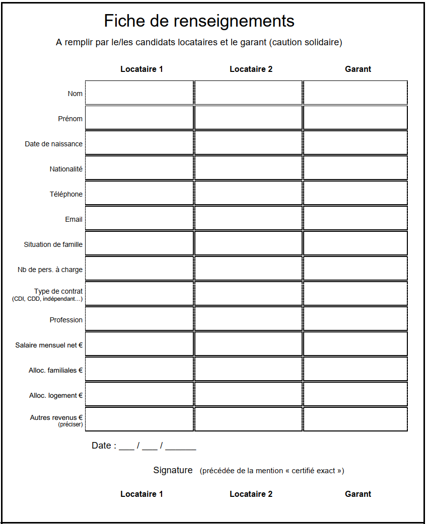 Fiche de renseignements