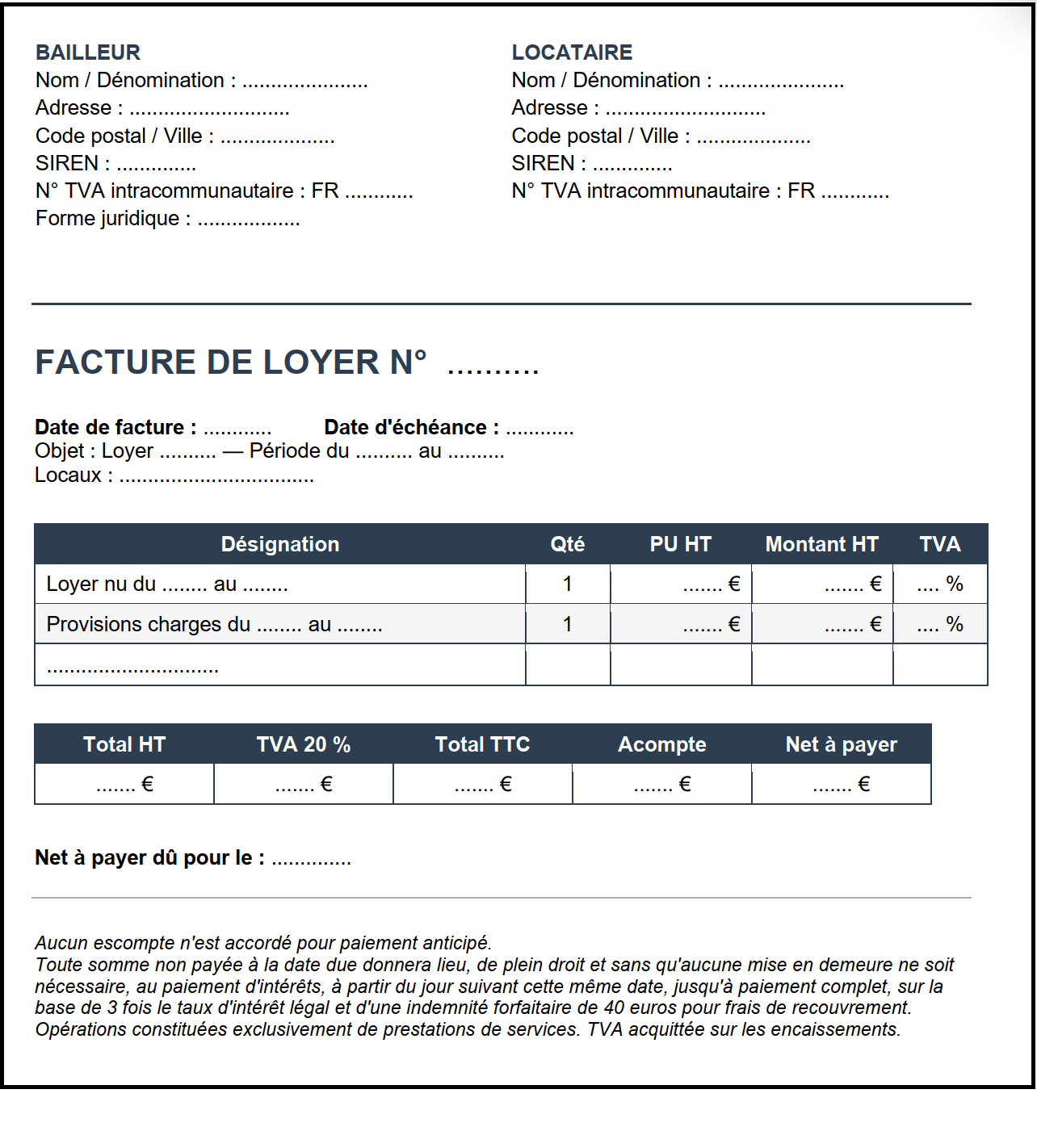 Facture de loyer avec TVA à compléter